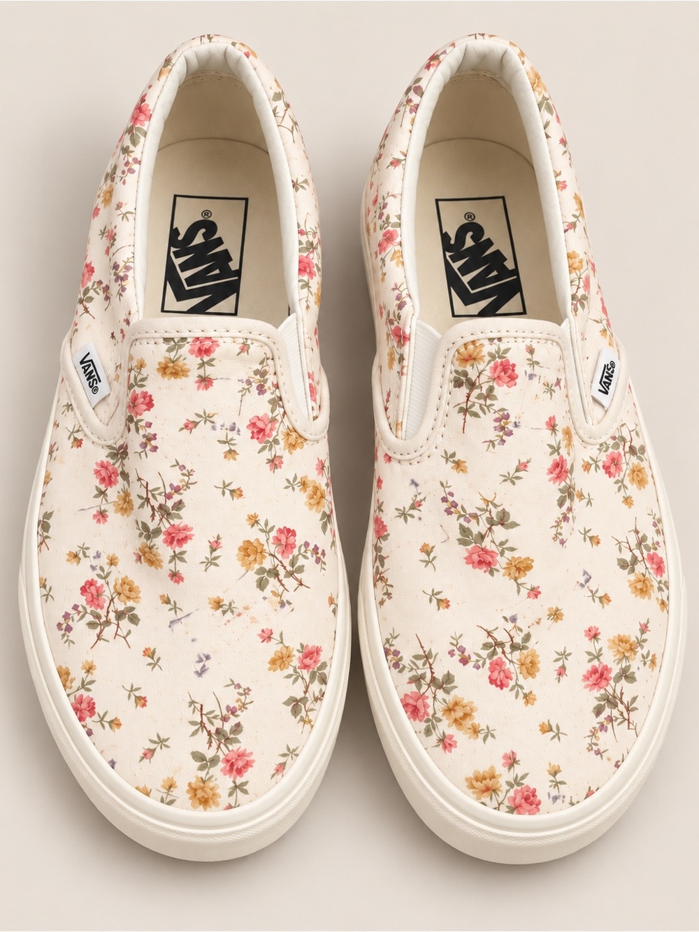 Vans Floral Slip-On Canvas Sneakers in Cream with Pink & Yellow Flowers